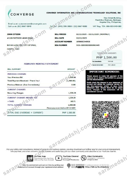Philippines Converge utility bill template in Word and PDF formats